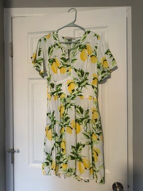 LOFT White Lemon-Print Short Flutter Sleeve Mini Dress